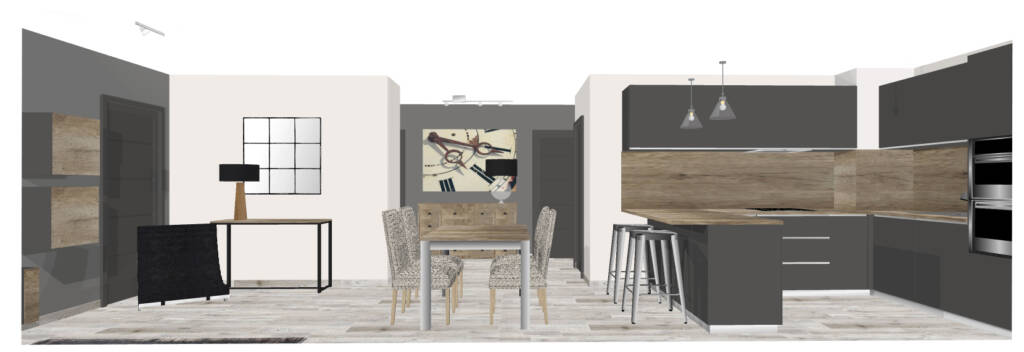 3D appartement VEFA - séjour et cuisine gris et bois blanchi