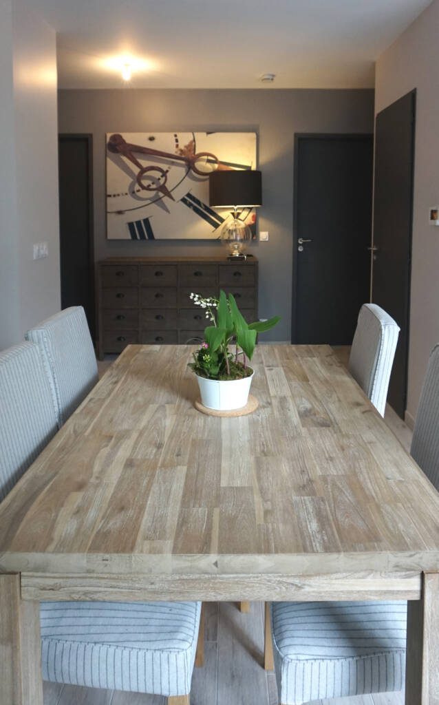 photo appartement VEFA - salle à manger bois et lin sol bois blanchi