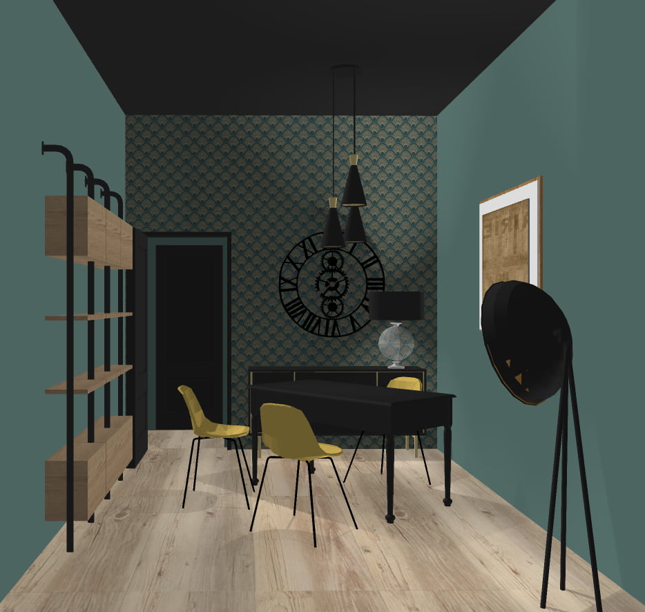 3d espace de coworking optimhome redon - bureau individuel noir avec bibliothèque bois et murs vert