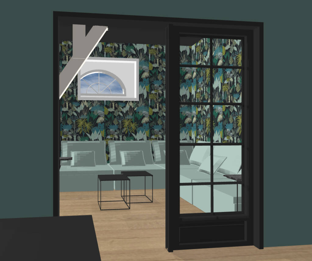 3d espace de coworking optimhome redon - esapace détente avec canapé bleu et papier peint jungle