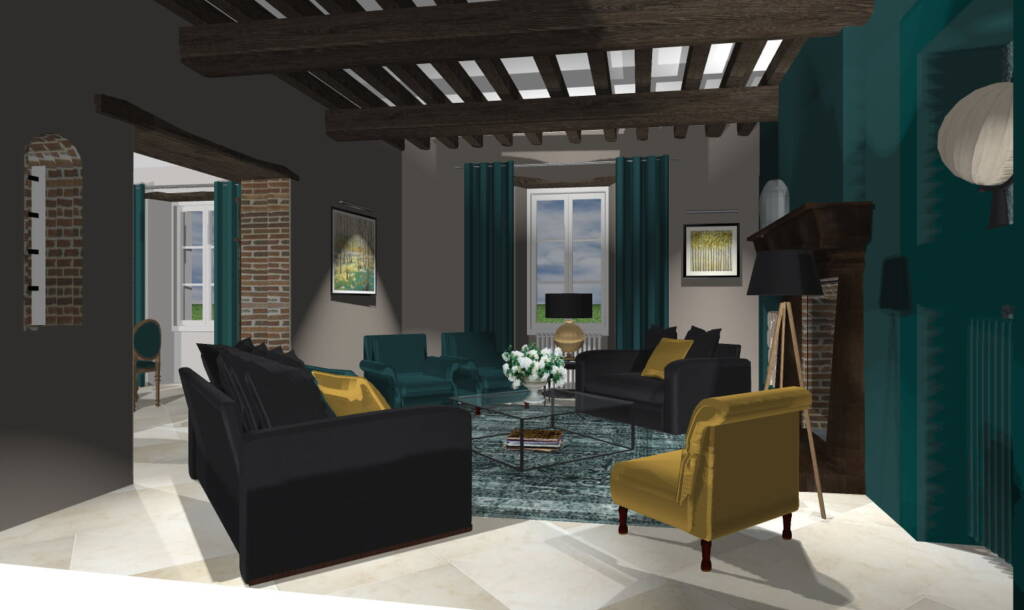vue 3d du salon cosy bleu paon avec son fauteuil moutarde, par Agence Concept Décoration, Architecte d'intérieur et Décoratrice, en Ile-et-Villaine, Morbihan et Loire Atlantique