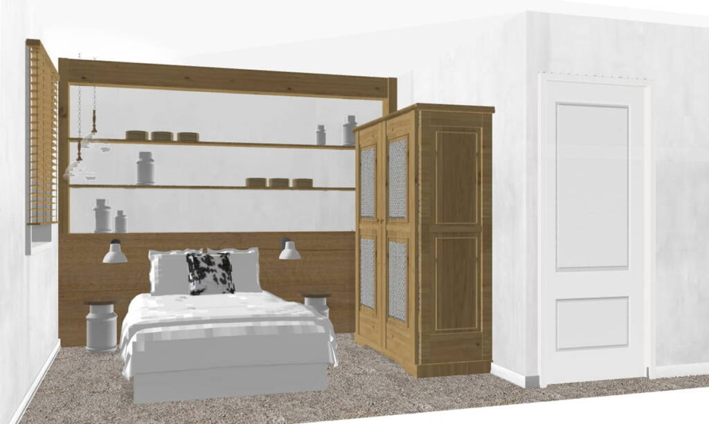 Chambres d'hôtes à la ferme projet en ligne - 3d chambre sur le thème de la laiterie avec tete de lit façon étagères laboratoire bois