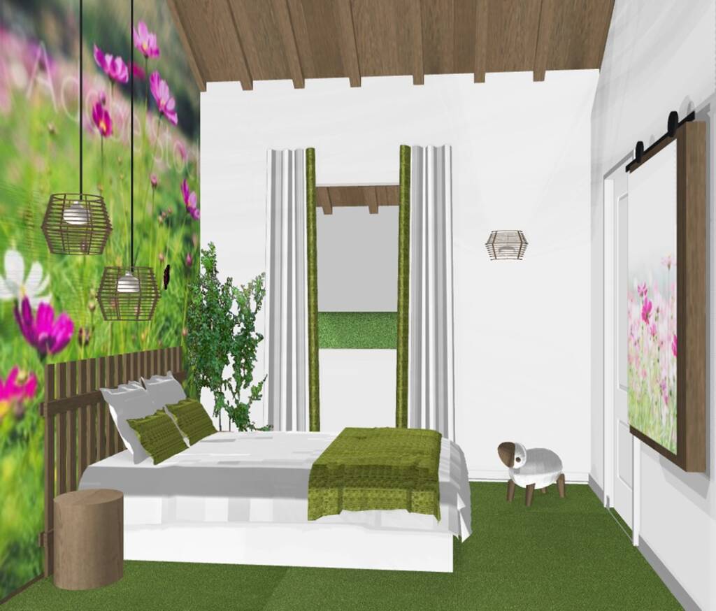 Chambres d'hôtes à la ferme projet en ligne - 3d chambre sur le thème de la prairie avec lit sur papier peint panoramique fleurs et moquette vert gazon