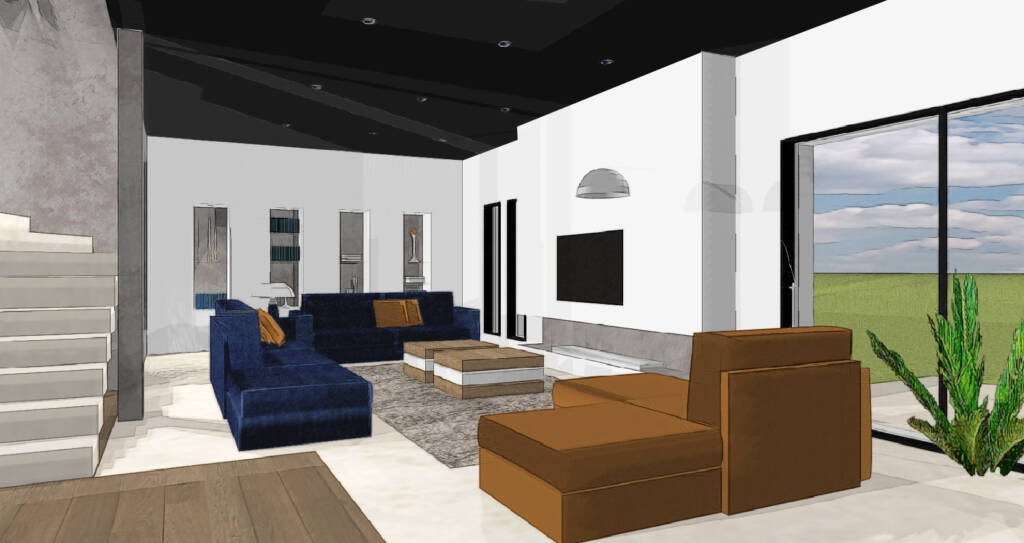 3d aménagement et decoration d'une maison contemporaine à redon - salon sol béton blanc et canapés bleu nuit et ocre