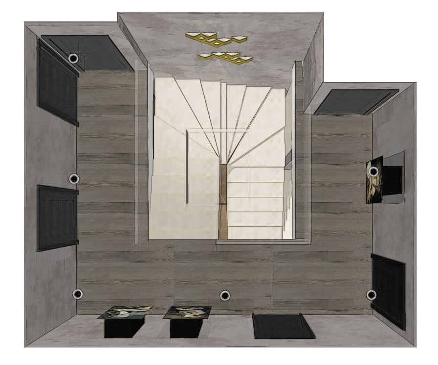 Plan 3d aménagement et decoration d'une maison contemporaine à redon - palier avec cadres hybride. garde corps verre .murs enduit beton2