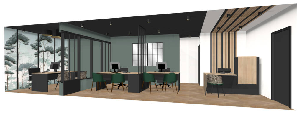 3D aménagement et décoration bureaux MMA La GACILLY - bureaux noirs et murs verts - Copie